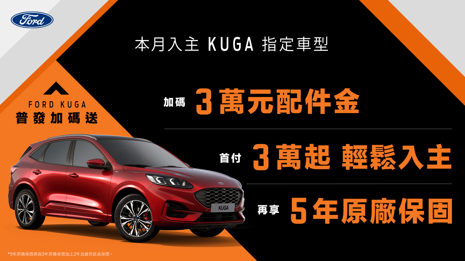 Ford普發加碼購車大禮包!!入主New Ford Kuga指定車型贈3萬配件金，首付3萬起輕鬆擁車　再享5年原廠保固