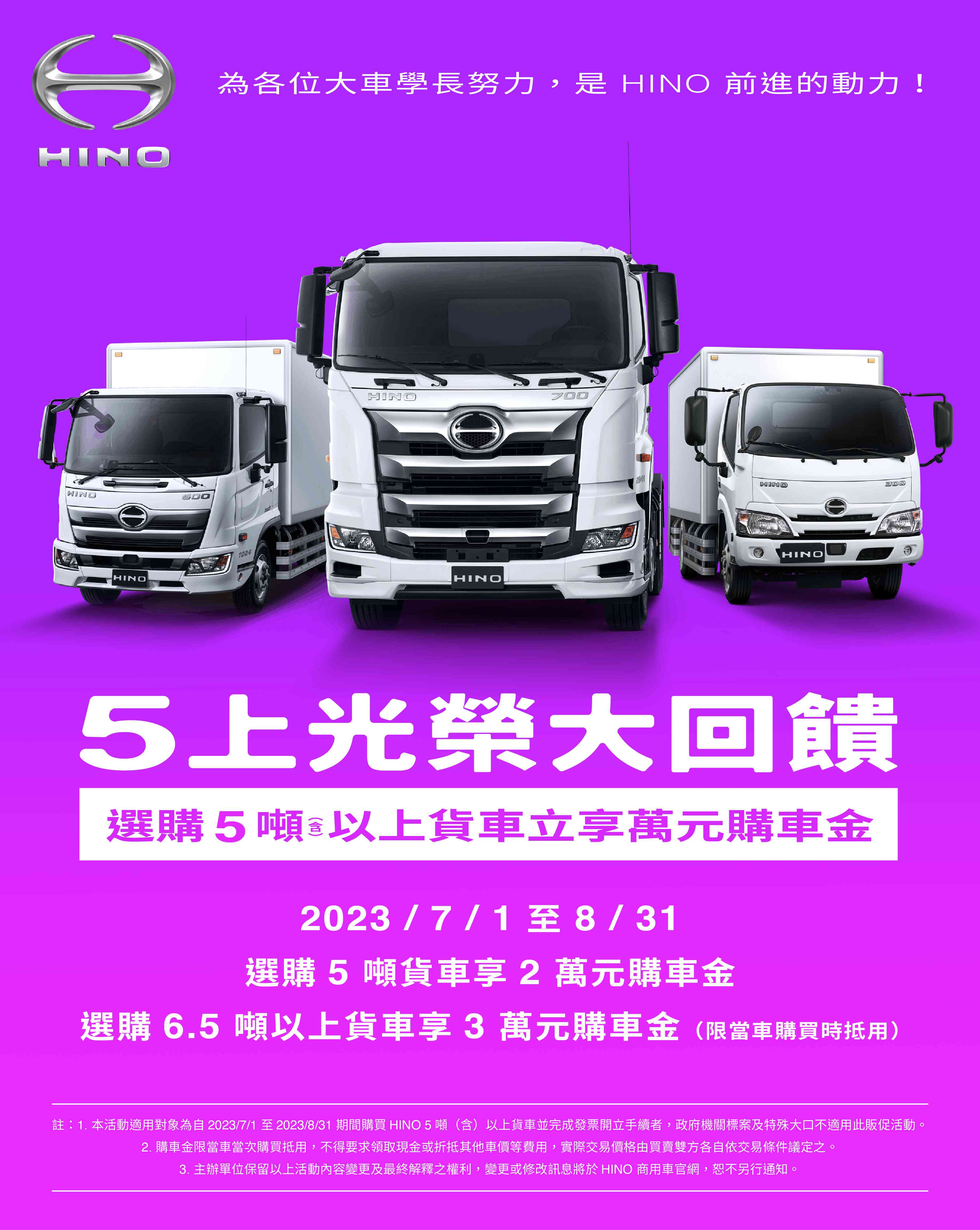 「HINO 5上光榮大回饋」選購5噸以上貨車立享萬元購車金！