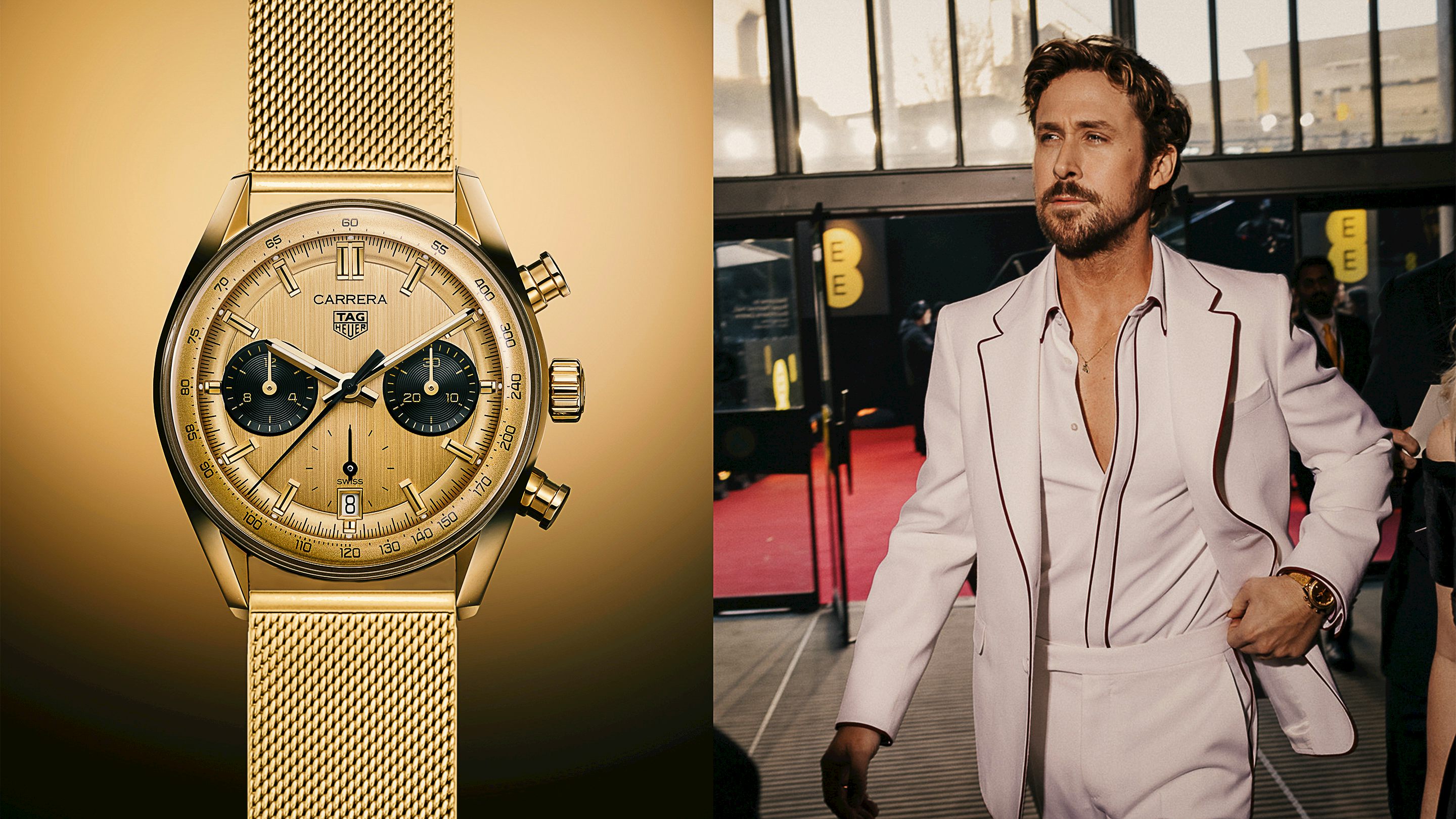 萊恩葛斯林 Ryan Gosling佩戴TAG Heuer Carrera Chronograph黃金計時腕錶專屬訂製款出席BAFTA頒獎典禮
